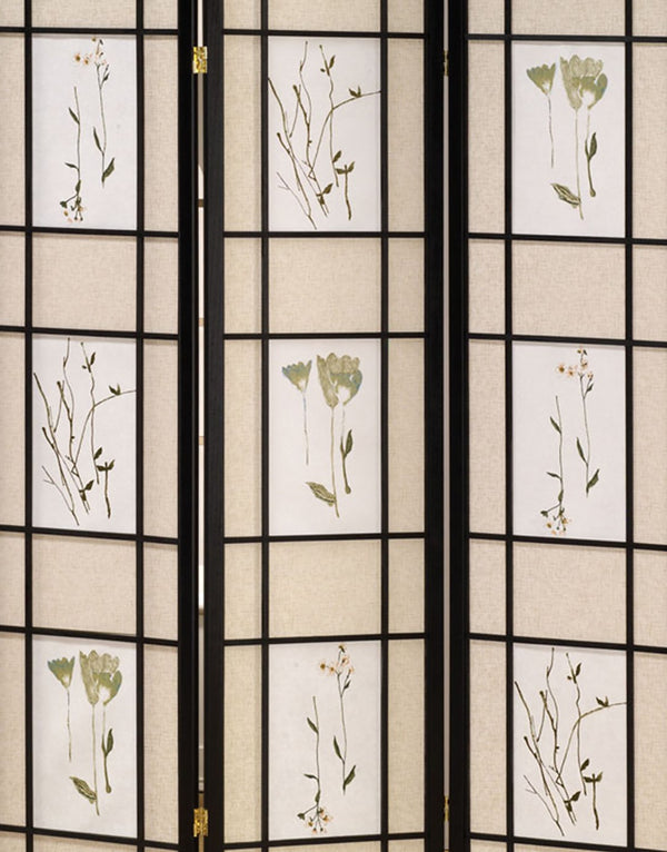 ORE International 70 Inch Botanical Shoji Floor Screen with Black Wood Frame for Home Office or Living Room 3-Panel R5441