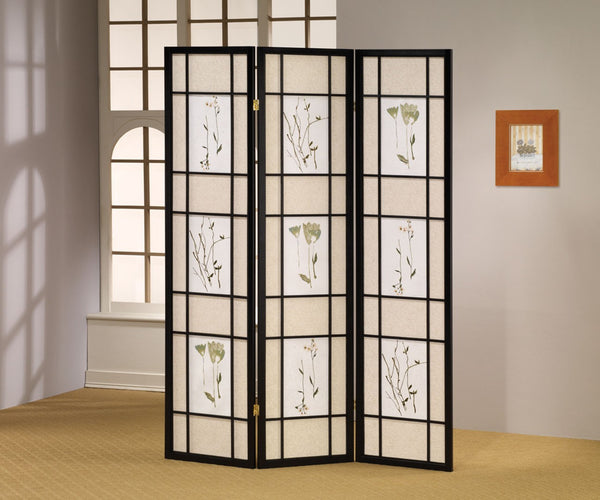 ORE International 70 Inch Botanical Shoji Floor Screen with Black Wood Frame for Home Office or Living Room 3-Panel R5441
