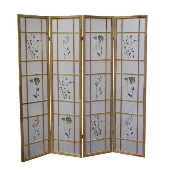 ORE International 70 Inch Shoji Style Botanical Print Wood Frame Room Divider for Home Office Studio 4-Panel R5442-4