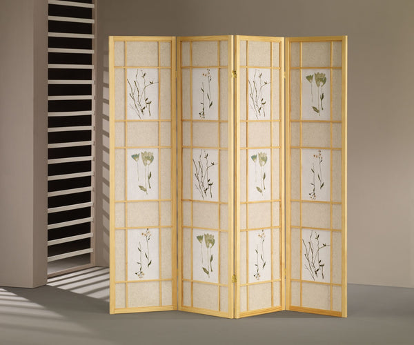 ORE International 70 Inch Shoji Style Botanical Print Wood Frame Room Divider for Home Office Studio 4-Panel R5442-4