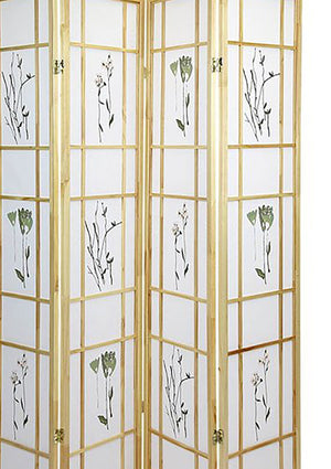 ORE International 70 Inch Shoji Style Botanical Print Wood Frame Room Divider for Home Office Studio 4-Panel R5442-4
