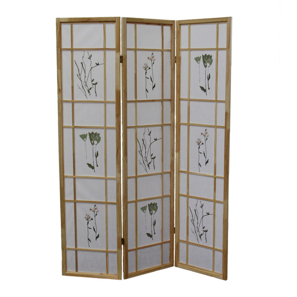 ORE International 70 Inch Shoji Style Botanical Print Wood Frame Room Divider for Home Office Studio 3-Panel R5442