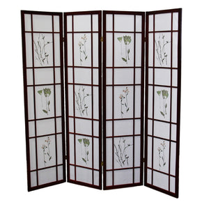 ORE International 70 Inch Shoji Style Botanical Floral Cherry Wood Frame Folding Privacy Screen 4-Panel R5443-4