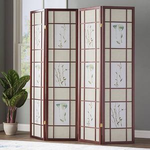 ORE International 70 Inch Shoji Style Botanical Floral Cherry Wood Frame Folding Privacy Screen 4-Panel R5443-4