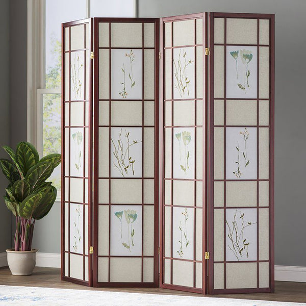 ORE International 70 Inch Shoji Style Botanical Floral Cherry Wood Frame Folding Privacy Screen 4-Panel R5443-4