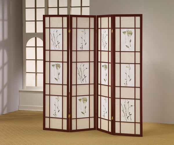 ORE International 70 Inch Shoji Style Botanical Floral Cherry Wood Frame Folding Privacy Screen 4-Panel R5443-4