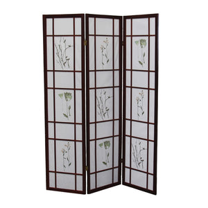 ORE International 70 Inch Shoji Style Botanical Floral Cherry Wood Frame Folding Privacy Screen 3-Panel R5443