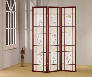 ORE International 70 Inch Shoji Style Botanical Floral Cherry Wood Frame Folding Privacy Screen 3-Panel R5443