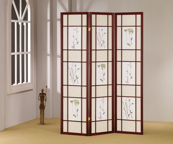 ORE International 70 Inch Shoji Style Botanical Floral Cherry Wood Frame Folding Privacy Screen 3-Panel R5443