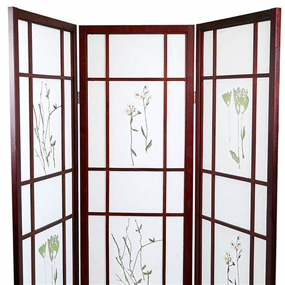 ORE International 70 Inch Shoji Style Botanical Floral Cherry Wood Frame Folding Privacy Screen 3-Panel R5443