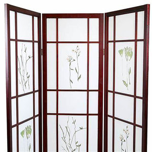 ORE International 70 Inch Shoji Style Botanical Floral Cherry Wood Frame Folding Privacy Screen 3-Panel R5443