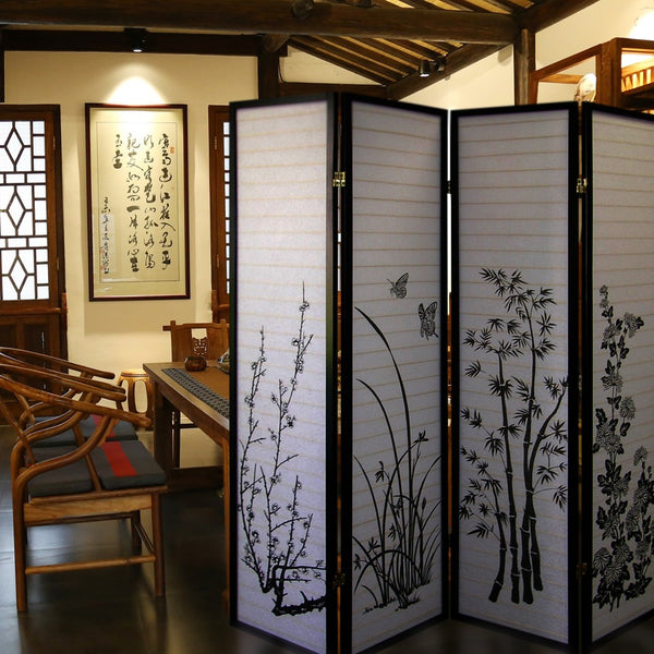 ORE International 70 Inch Shoji Rice Paper Floral Room Divider with Black Hardwood Frame for Zen Spaces 4 Panel R590-4