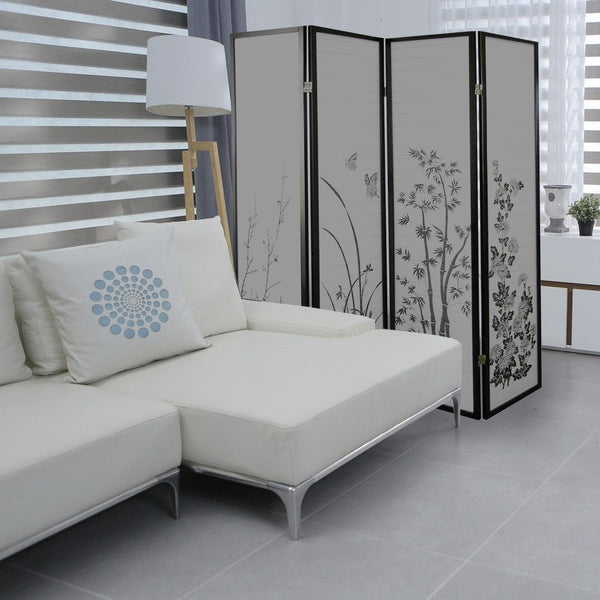 ORE International 70 Inch Shoji Rice Paper Floral Room Divider with Black Hardwood Frame for Zen Spaces 4 Panel R590-4