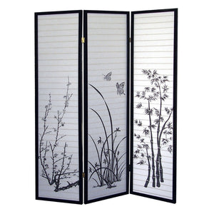 ORE International 70 Inch Shoji Rice Paper Floral Room Divider with Black Hardwood Frame for Zen Spaces 3 Panel R590