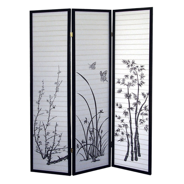 ORE International 70 Inch Shoji Rice Paper Floral Room Divider with Black Hardwood Frame for Zen Spaces 3 Panel R590
