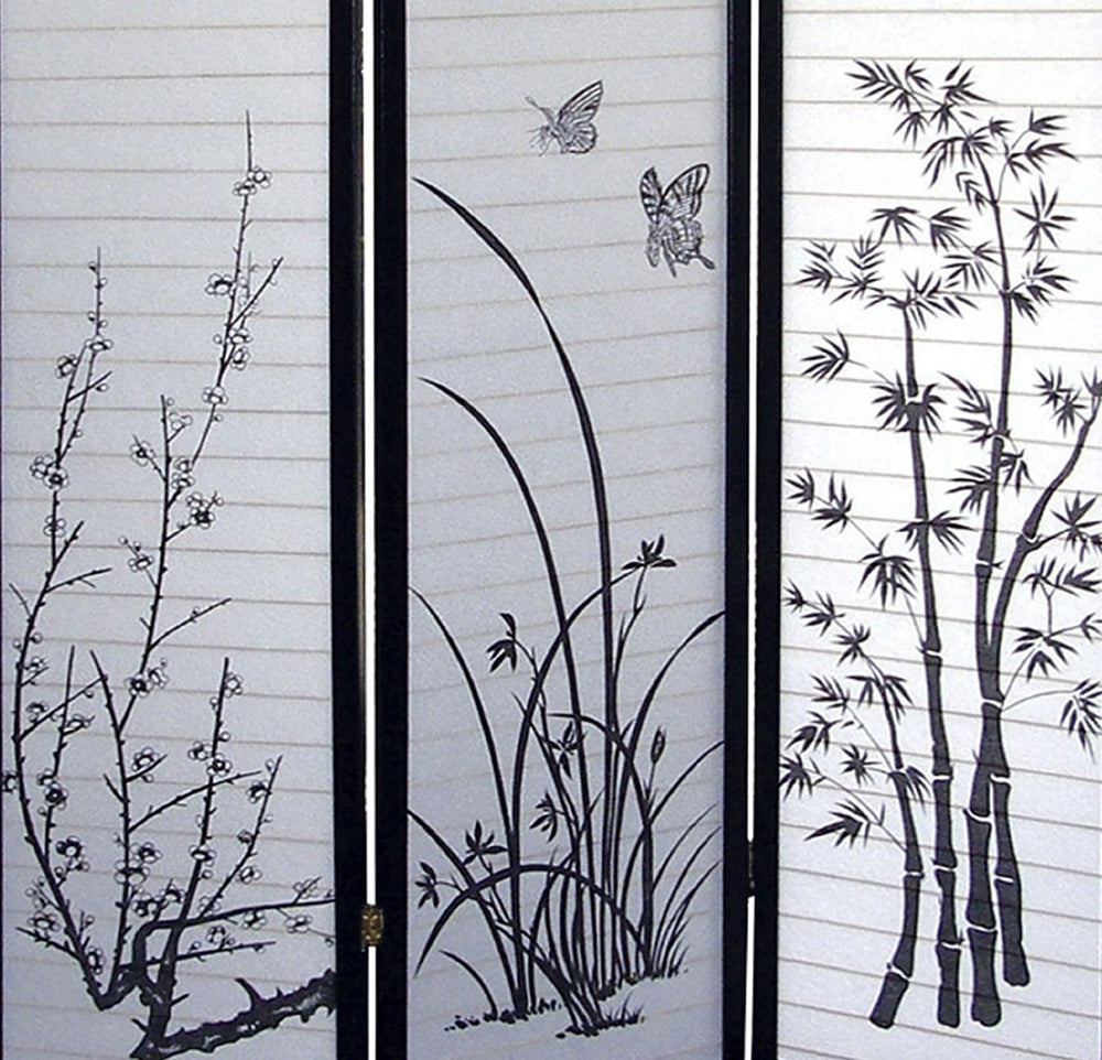 ORE International 70 Inch Shoji Rice Paper Floral Room Divider with Black Hardwood Frame for Zen Spaces 3 Panel R590