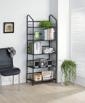 ORE International 64 Inch Five Tier Matte Black Metal Bookshelf Slim Industrial Open Frame Vertical Storage R597-5