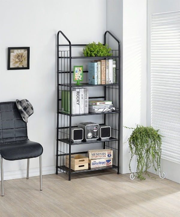 ORE International 64 Inch Five Tier Matte Black Metal Bookshelf Slim Industrial Open Frame Vertical Storage R597-5