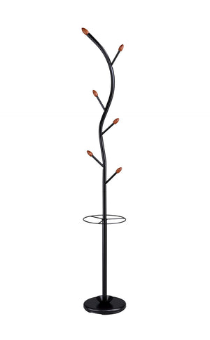 ORE International 76 Inch Black Steel Tree Coat Rack with Walnut Hooks Umbrella Stand Entryway R674