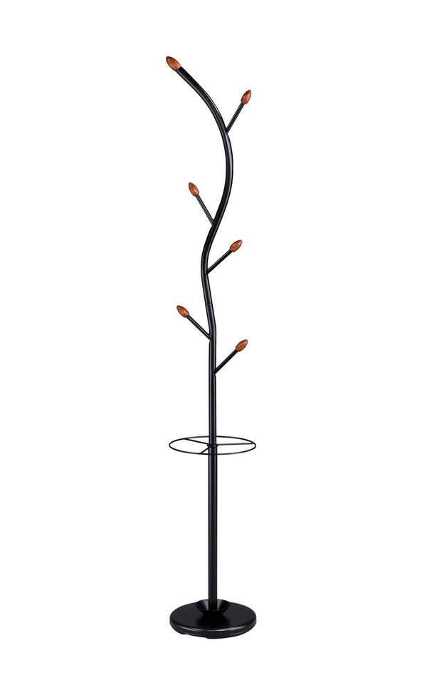 ORE International 76 Inch Black Steel Tree Coat Rack with Walnut Hooks Umbrella Stand Entryway R674