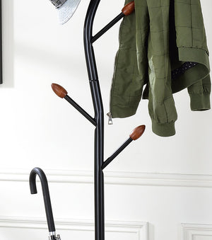 ORE International 76 Inch Black Steel Tree Coat Rack with Walnut Hooks Umbrella Stand Entryway R674