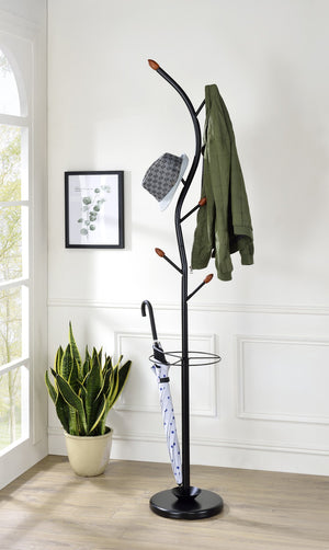 ORE International 76 Inch Black Steel Tree Coat Rack with Walnut Hooks Umbrella Stand Entryway R674