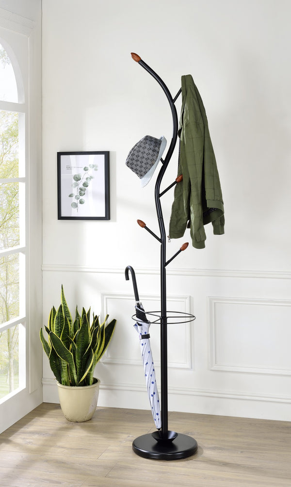 ORE International 76 Inch Black Steel Tree Coat Rack with Walnut Hooks Umbrella Stand Entryway R674