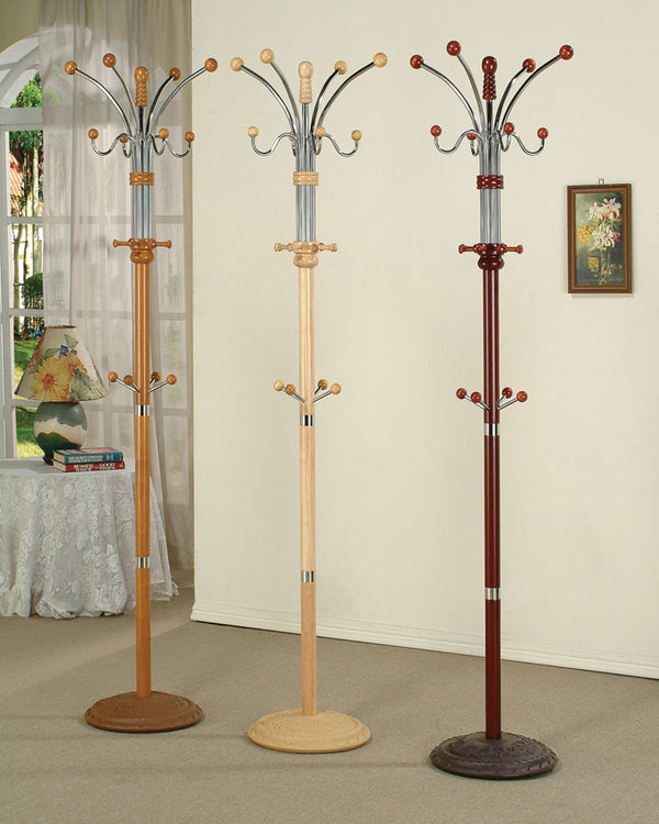 ORE International 73 Inch Freestanding Coat Rack with Sixteen Hooks Wood Metal Entryway Organizer Oak R685OAK