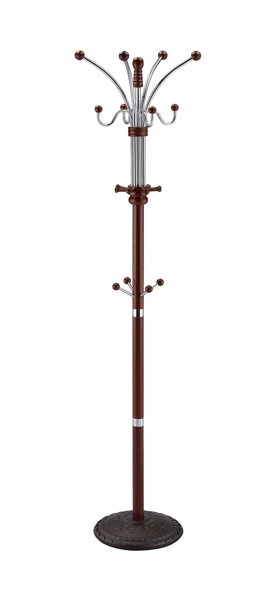 ORE International 73 Inch Freestanding Coat Rack with Sixteen Hooks Wood Metal Entryway Organizer Cherry R685CH