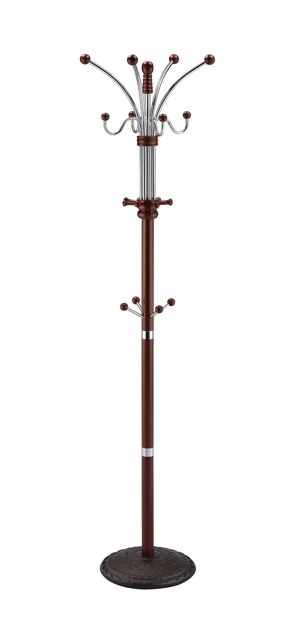 ORE International 73 Inch Freestanding Coat Rack with Sixteen Hooks Wood Metal Entryway Organizer Cherry R685CH