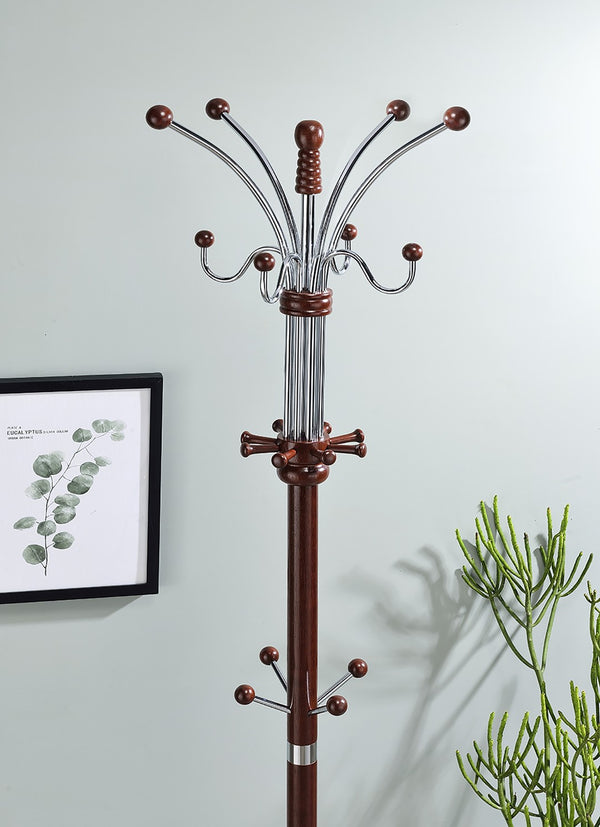 ORE International 73 Inch Freestanding Coat Rack with Sixteen Hooks Wood Metal Entryway Organizer Cherry R685CH