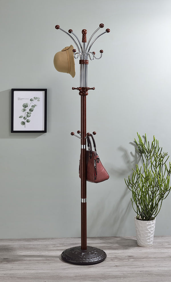 ORE International 73 Inch Freestanding Coat Rack with Sixteen Hooks Wood Metal Entryway Organizer Cherry R685CH