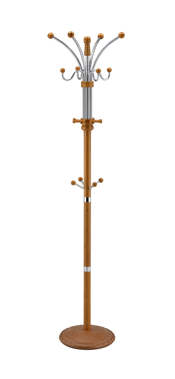ORE International 73 Inch Freestanding Coat Rack with Sixteen Hooks Wood Metal Entryway Organizer Oak R685OAK