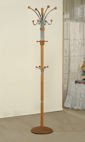 ORE International 73 Inch Freestanding Coat Rack with Sixteen Hooks Wood Metal Entryway Organizer Oak R685OAK