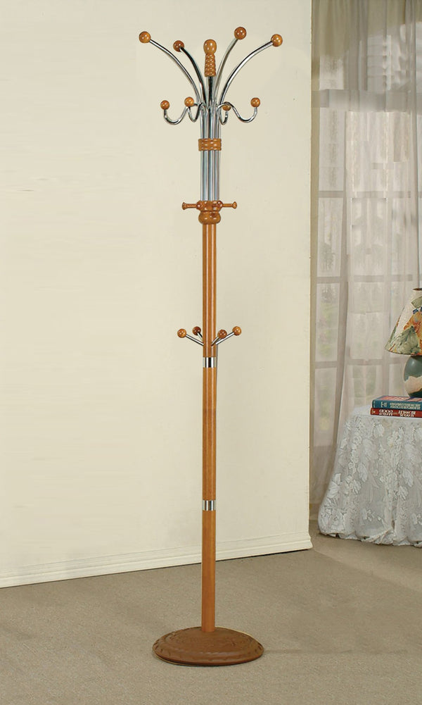 ORE International 73 Inch Freestanding Coat Rack with Sixteen Hooks Wood Metal Entryway Organizer Oak R685OAK