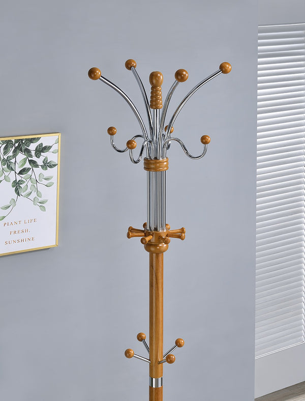 ORE International 73 Inch Freestanding Coat Rack with Sixteen Hooks Wood Metal Entryway Organizer Oak R685OAK