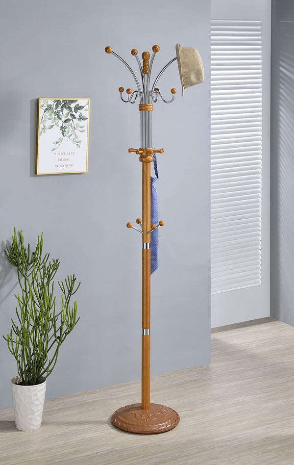 ORE International 73 Inch Freestanding Coat Rack with Sixteen Hooks Wood Metal Entryway Organizer Oak R685OAK