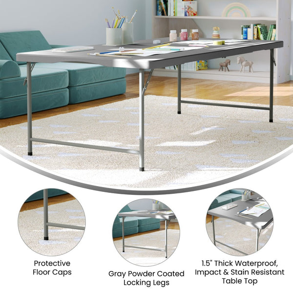 English Elm Paige Kid's Folding Table - Durable, Lightweight, Easy-Clean Activity Space for Classrooms & Playrooms Granite Gray 30"W x 60"L x 19"H RB-3060-KID-GY-GG