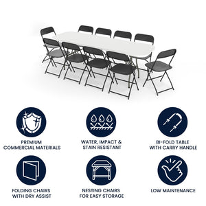 English Elm Kathryn 8' Bi-Fold Table Set with 10 Chairs - Durable, Portable, Waterproof for Events & Training RB-3096F-10-LEL3-BK-GG