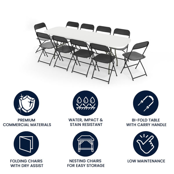 English Elm Kathryn 8' Bi-Fold Table Set with 10 Chairs - Durable, Portable, Waterproof for Events & Training RB-3096F-10-LEL3-BK-GG