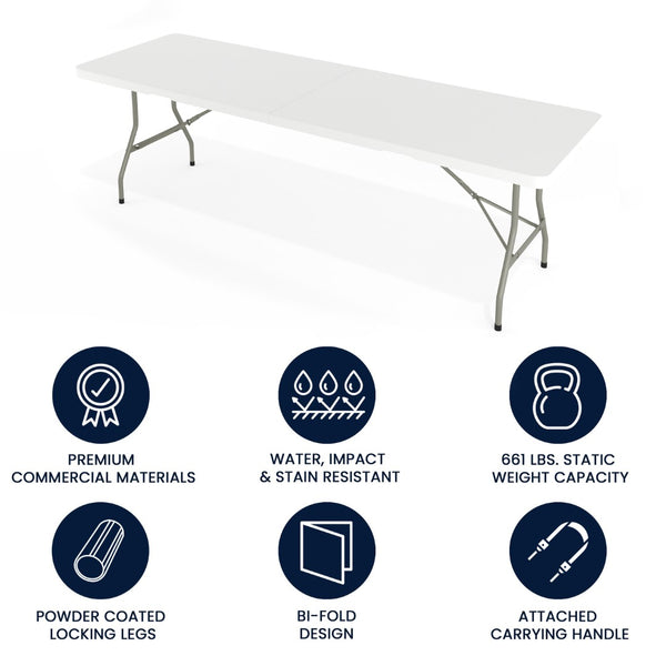 English Elm Kathryn 8-Foot Bi-Fold Folding Table - Durable Granite White Design for Events, Easy Transport & Storage RB-3096FH-GG