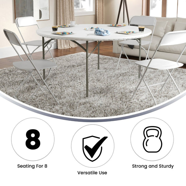 English Elm Kathryn 5-Foot Round Folding Table - Elegant Granite White Design, Durable for Events & Easy Storage RB-60R-GG