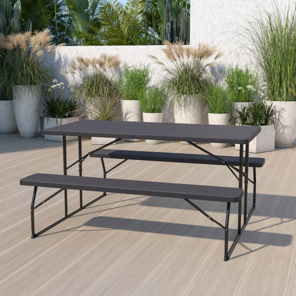 English Elm Insta-Fold Folding Picnic Table and Benches Set - Perfect for Outdoor Gatherings and Easy Storage Charcoal 53.75"W x 27.5"L x 17.5-28.25"H RB-EBB-1470FD-GG