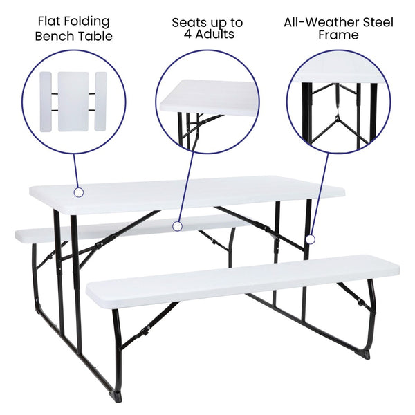 English Elm Insta-Fold Folding Picnic Table and Benches Set - Perfect for Outdoor Gatherings and Easy Storage White 53.75"W x 27.5"L x 17.5-28.25"H RB-EBB-1470FD-WH-GG