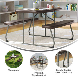 English Elm Paige Easy-Fold Folding Plastic Kids Picnic Table and Benches - Safe, Durable, No Assembly Required Brown RB-EBB-2432FD2-BR-GG