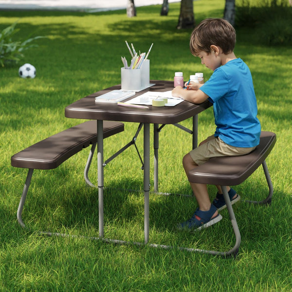 English Elm Paige Easy-Fold Folding Plastic Kids Picnic Table and Benches - Safe, Durable, No Assembly Required Brown RB-EBB-2432FD2-BR-GG