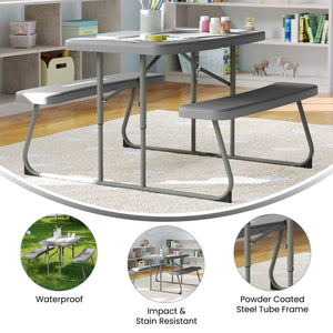 English Elm Paige Easy-Fold Folding Plastic Kids Picnic Table and Benches - Safe, Durable, No Assembly Required Gray RB-EBB-2432FD2-GY-GG