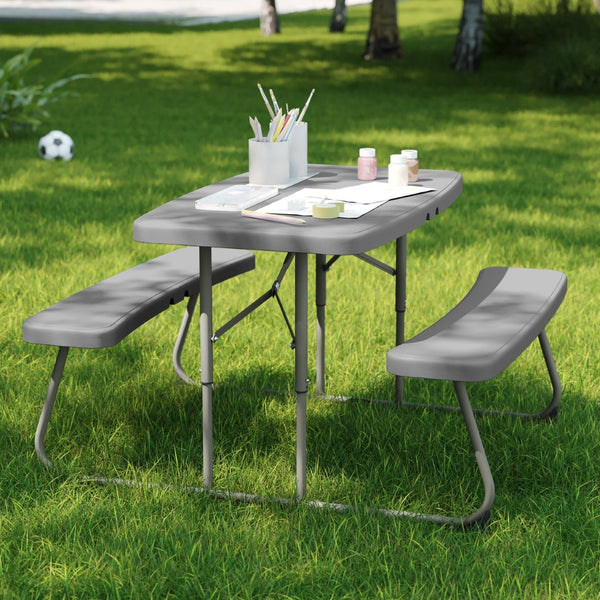 English Elm Paige Easy-Fold Folding Plastic Kids Picnic Table and Benches - Safe, Durable, No Assembly Required Gray RB-EBB-2432FD2-GY-GG