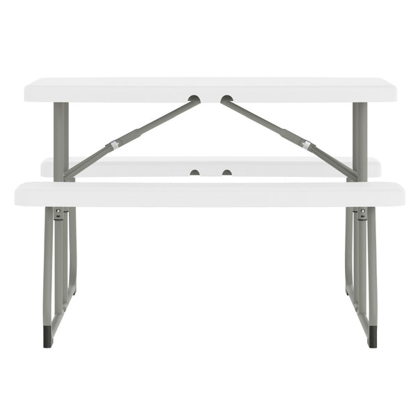 English Elm Paige Easy-Fold Folding Plastic Kids Picnic Table and Benches - Safe, Durable, No Assembly Required White RB-EBB-2432FD2-WH-GG