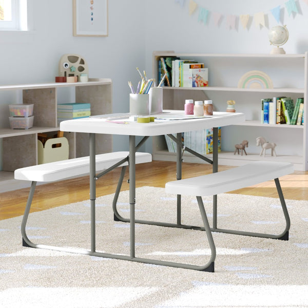 English Elm Paige Easy-Fold Folding Plastic Kids Picnic Table and Benches - Safe, Durable, No Assembly Required White RB-EBB-2432FD2-WH-GG